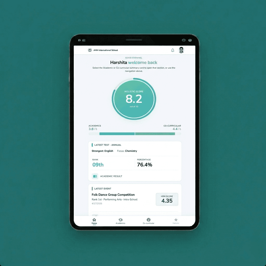 Parent app showing holistic score, academics and co-curricular breakdown