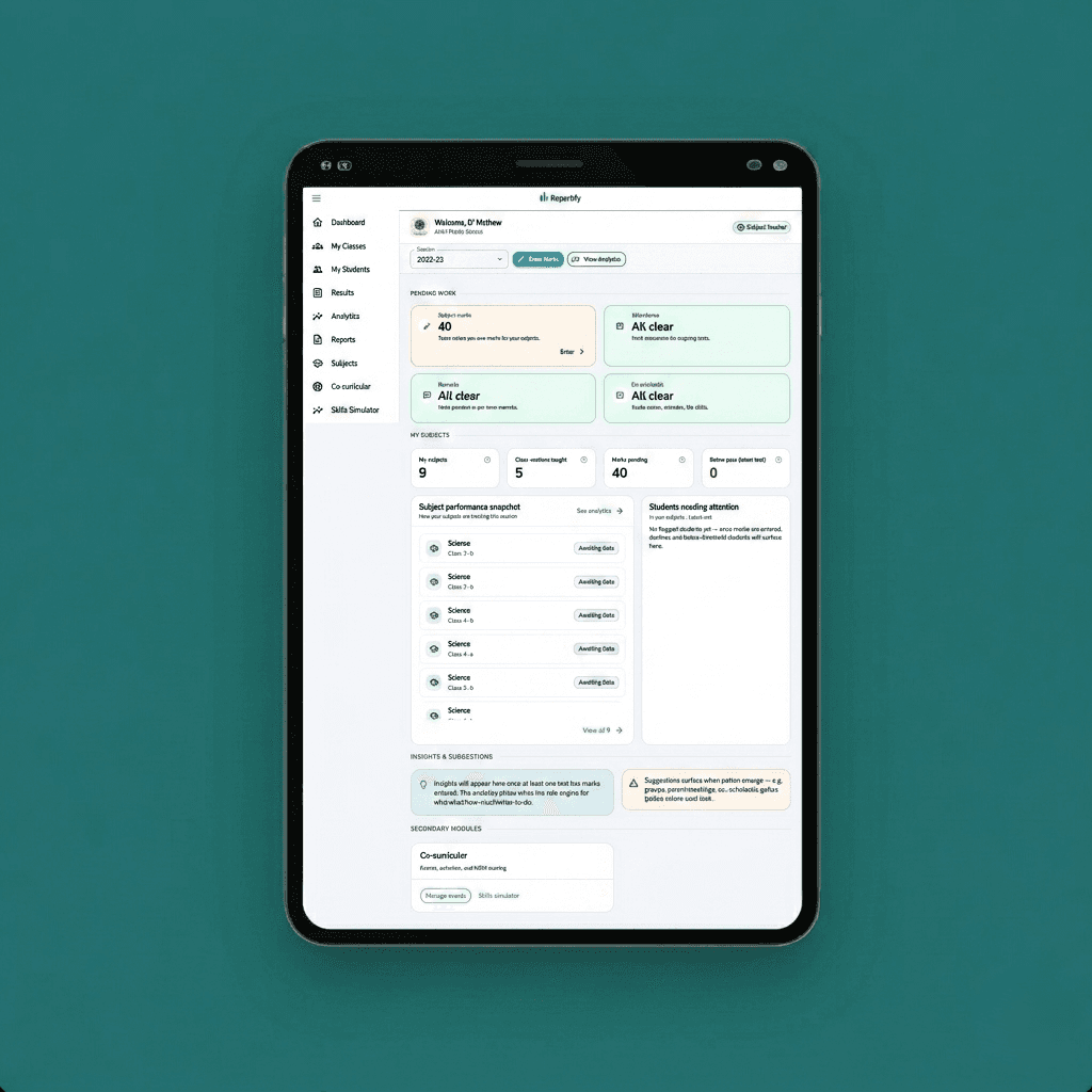 Reportify teacher dashboard: pending work, subjects, performance snapshot, and analytics