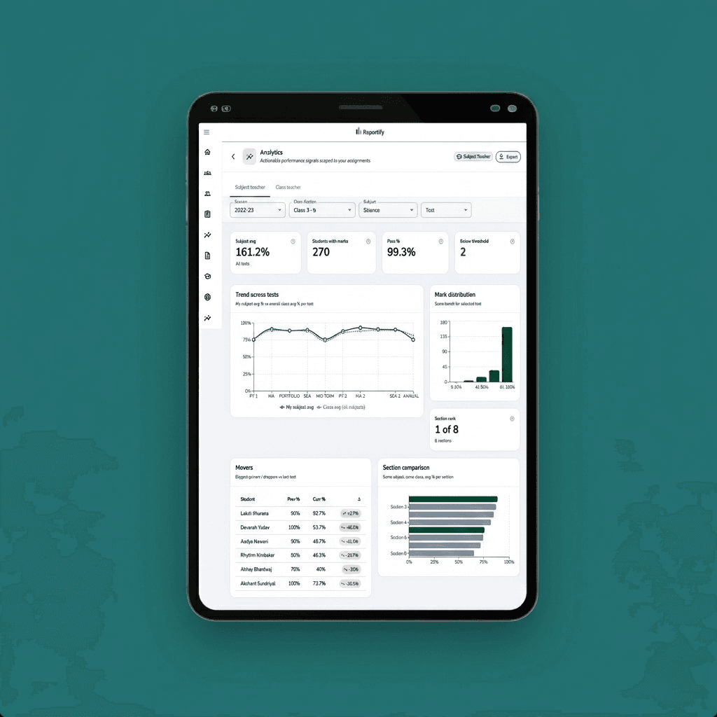 Reportify analytics dashboard on a tablet — filters, trends, distributions, and section insights